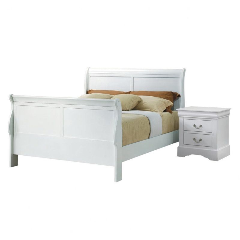 Ensemble de chambre à coucher grand lit, finition blanche, ensemble 2 pièces avec lit, 1 table de chevet, Queen