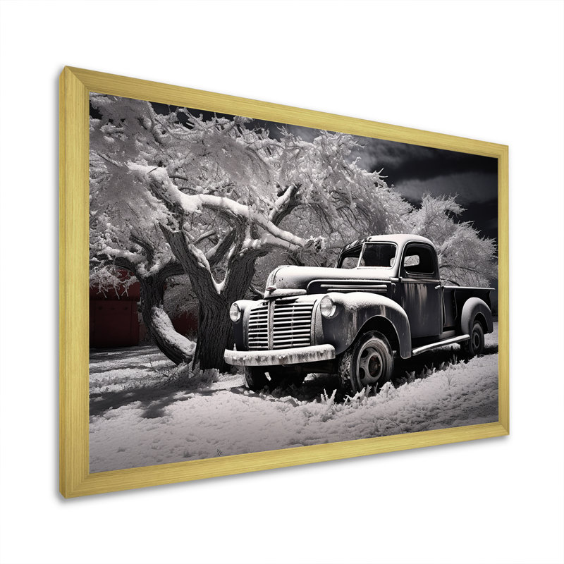 «Truck Pickup Charm In Winter II», reproduction sur toile, Cadre doré simple, H 16 po x l 32 po x P 1 po