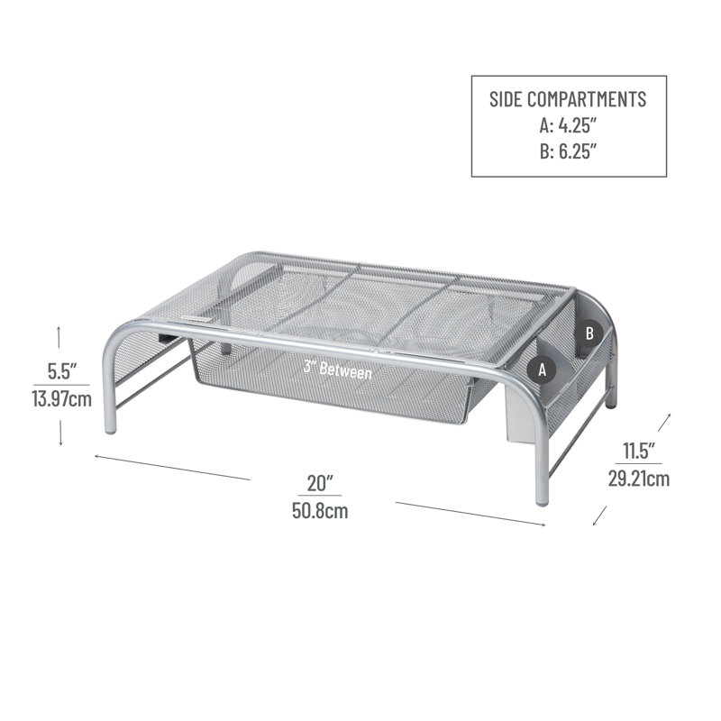 Silver Metal Mesh Monitor Stand with Drawer and Organizer