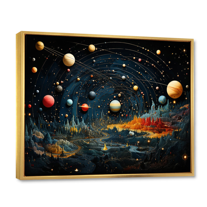 Impression sur toile, planètes colorées II, H 12 po x l 20 po x P 1 po, Cadre flottant doré