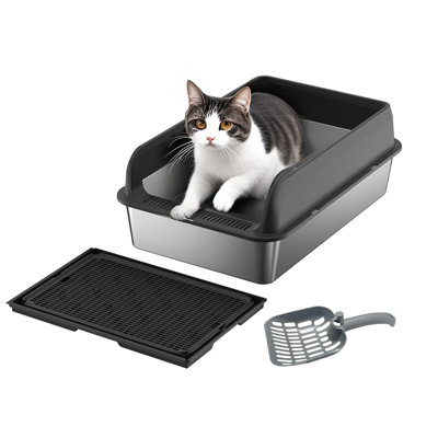 Stainless Steel Cat Litter Box with Lid, Enclosed Metal Litter Pan, 23.6"L x 15.7"W x 9.8"H, Black