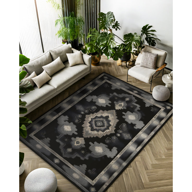 Reuben Collection Digital Print Cotton-Polyester Black Moroccan Rug, Runner 2'8" x 10'6"