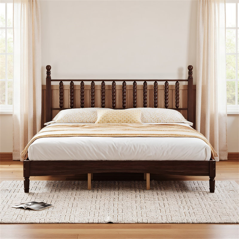 King Size Wood Platform Bed With Gourd Shaped Headboard, Retro Style And Sturdy Wooden Slat Support For Comfortable Sleep