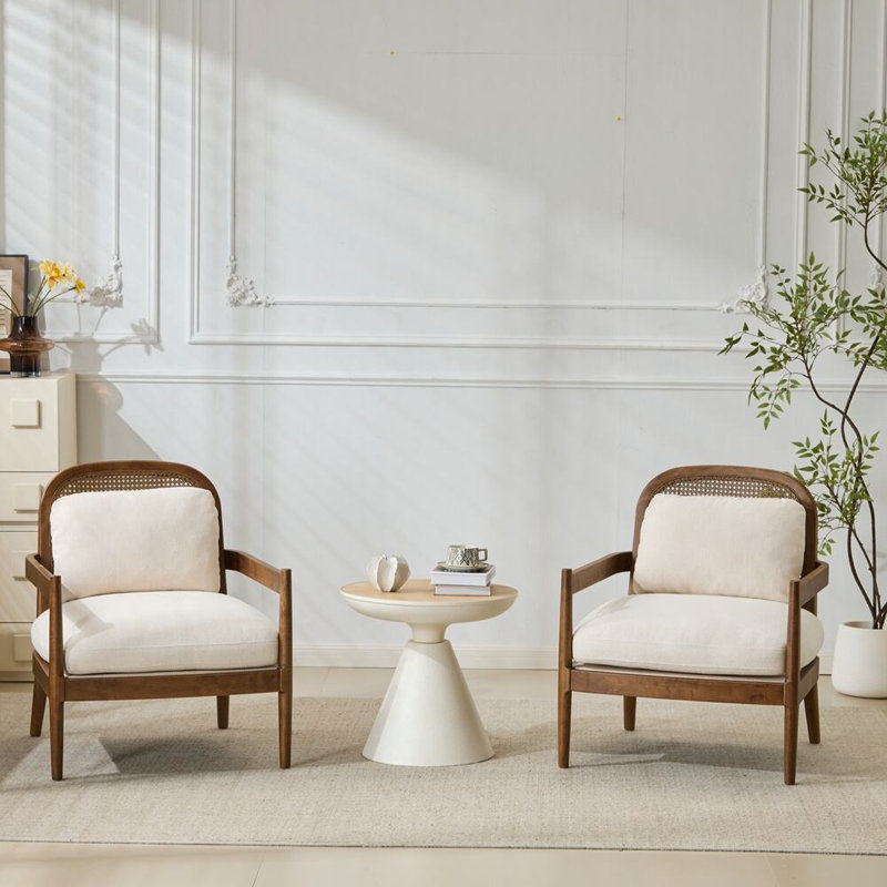 Ensemble de 2 chaises d'appoint modernes avec structure en bois massif et dossier en rotin et fauteuils confortables pour le salon
