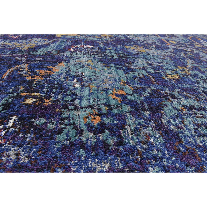 Bleu marine oriental/Tapis décoratif blanche Bellona, Rond 8 pi