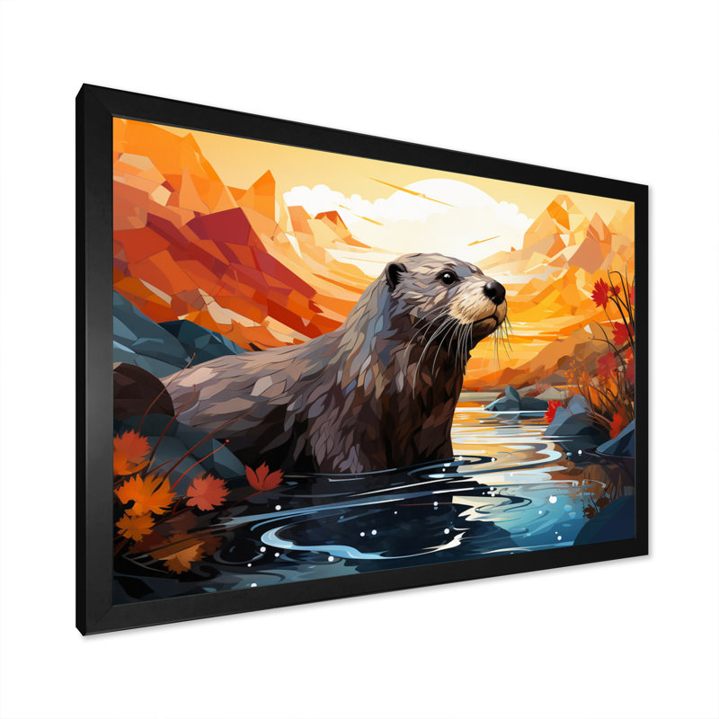 «Yellow Otter Playful River Dweller» sur toile, H 12 po x l 20 po x P 1 po, Cadre photo noir