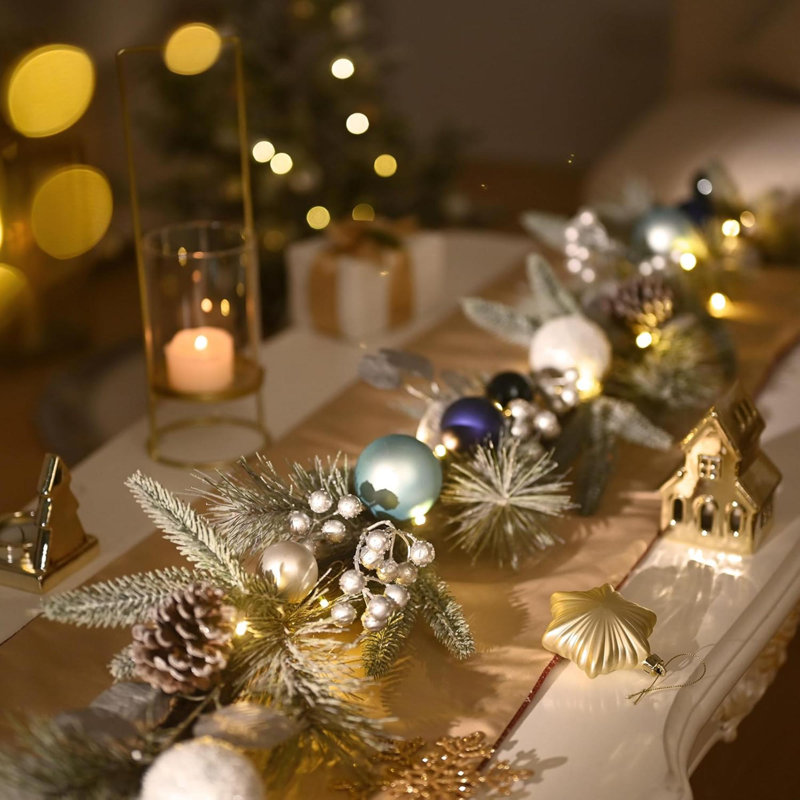 Pre-Lit Christmas Garland With Light For Mantle, Lighted Battery Operated Xmas Garland With Ball For Front Door Fireplace Table Centerpiece Outdoor Window Home Decor