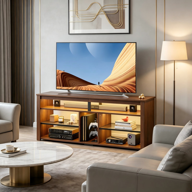 Grand meuble télé en bois de noyer, compatible avec les téléviseurs de 65 pouces, avec rangement PS5 et éclairage ambiant à DEL.