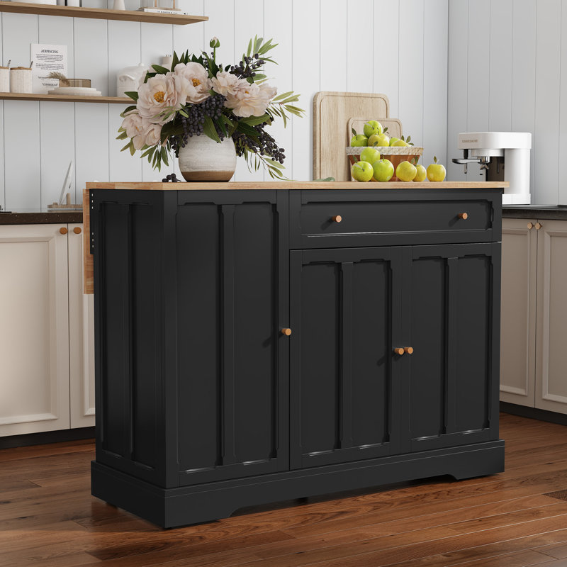 Îlot de cuisine pliant de 47,2 po avec rangement, chariot de cuisine multifonctionnel d'inspiration rétro avec plateau en bois massif