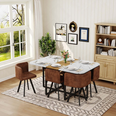 7PCS Modern Rectangular Dining Table Set, Fixed White Faux Marble & Wood Grain Triamine Top Table With 6 Upholstered Dining Chairs