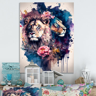 «Cute Lions Floral Art I», peinture sur toile