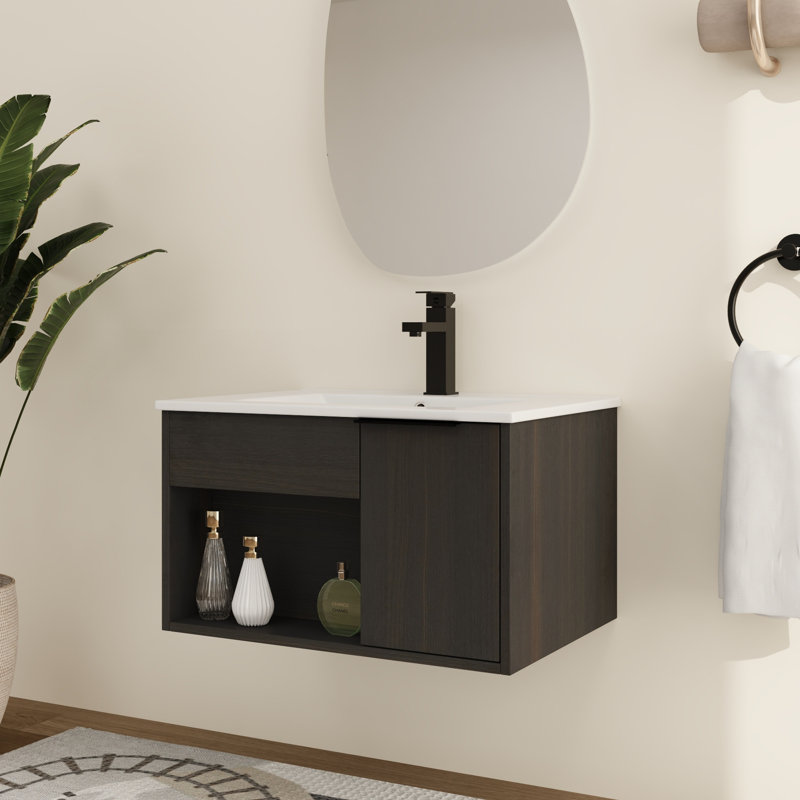 Meuble-lavabo mural 24 po avec lavabo en céramique, porte à fermeture en douceur et tablette ouverte 24 po, 24"