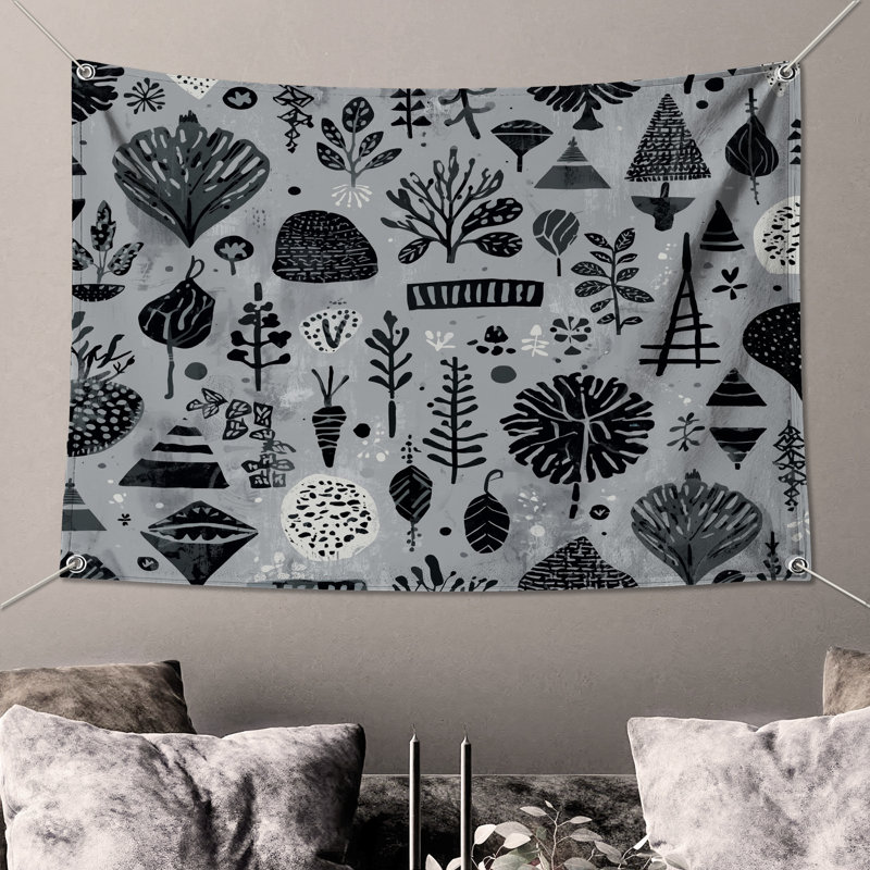 Tapisserie murale motifs botaniques noirs et blancs - Décoration murale botanique, 50in H x60in W with 4 Grommets