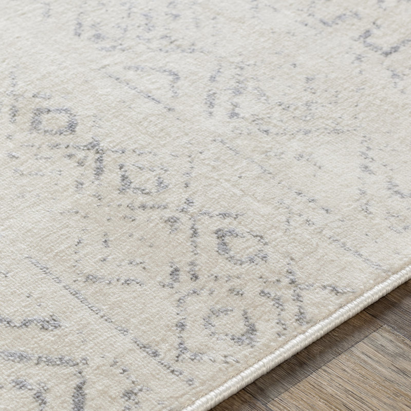 Tapis gris et ivoire tissé au métier mécanique Herrod, Carré 6 pi 7 po
