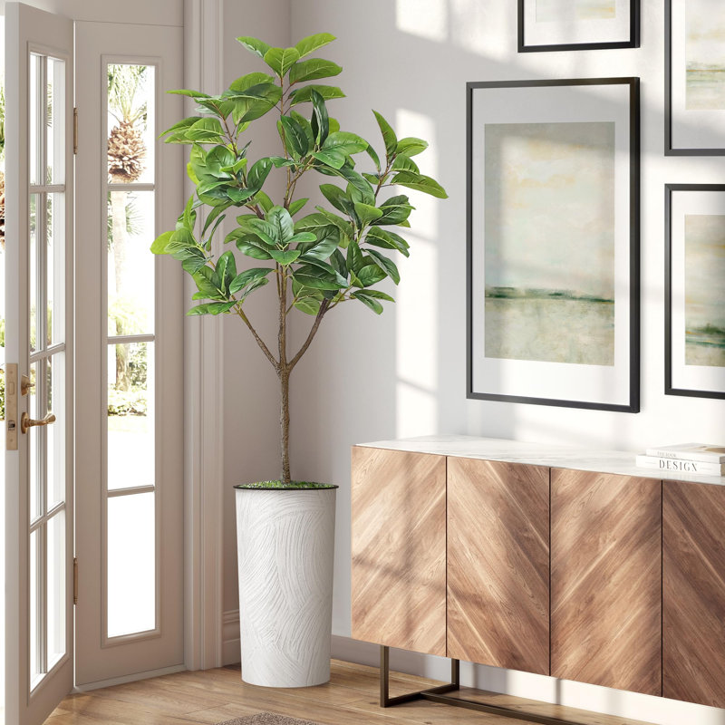 Artificial Tree in Modern Geometric Pattern Planter Fake Rubber Silk Tree (Plant Pot Plus Tree), Scrathes Off White