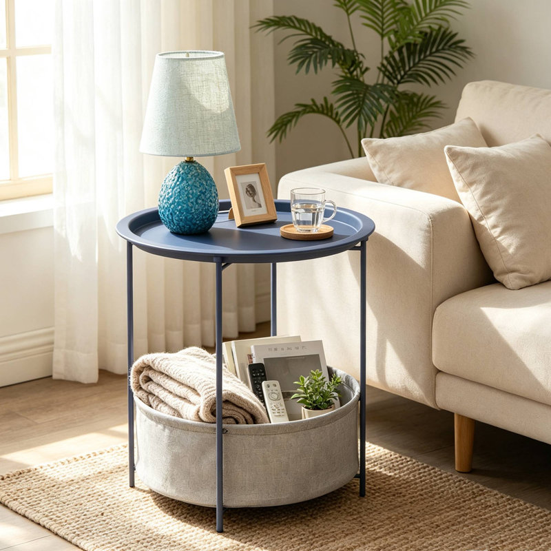 Ensemble de tables de bout Jarrion avec plateau à sac de rangement et pieds pliables en X, Bleu