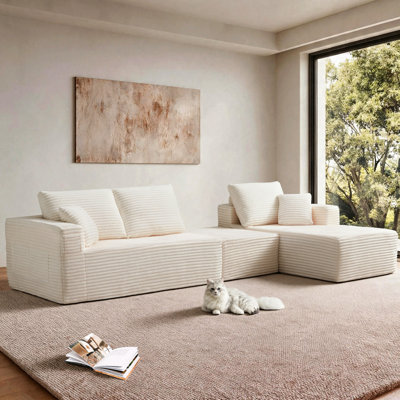 Canapé d'angle Cloud 100,39 po avec méridienne en forme de U, canapé modulaire moderne, assise profonde blanche, combinaison libre, aucun assemblage requis, emballage compressé, ressorts ensachés et mousse, tissu peluche beige (avec forme en R)