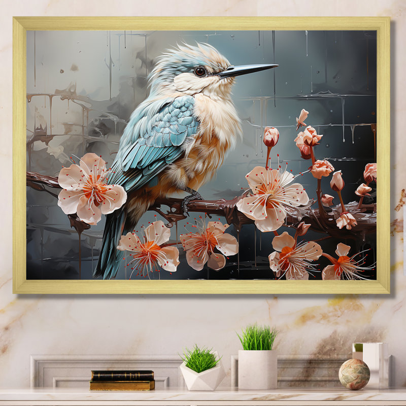 «Blue Floral Dancing Hummingbird - Hummingbird Animal», art mural, Cadre doré à coins fermés, H 24 po x l 32 po x P 1 po