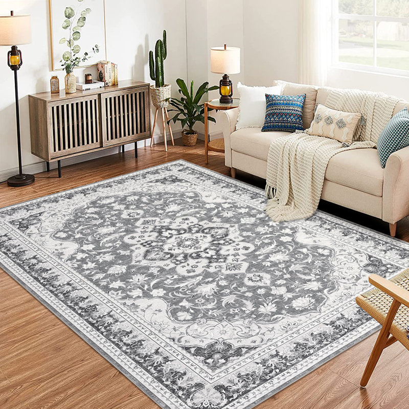 4'x6' Vintage Distressed Area Rug, Low Pile Non-Slip Stain Resistant Carpet for Dining Room, Gray, Rectangle 4' x 6', Gray