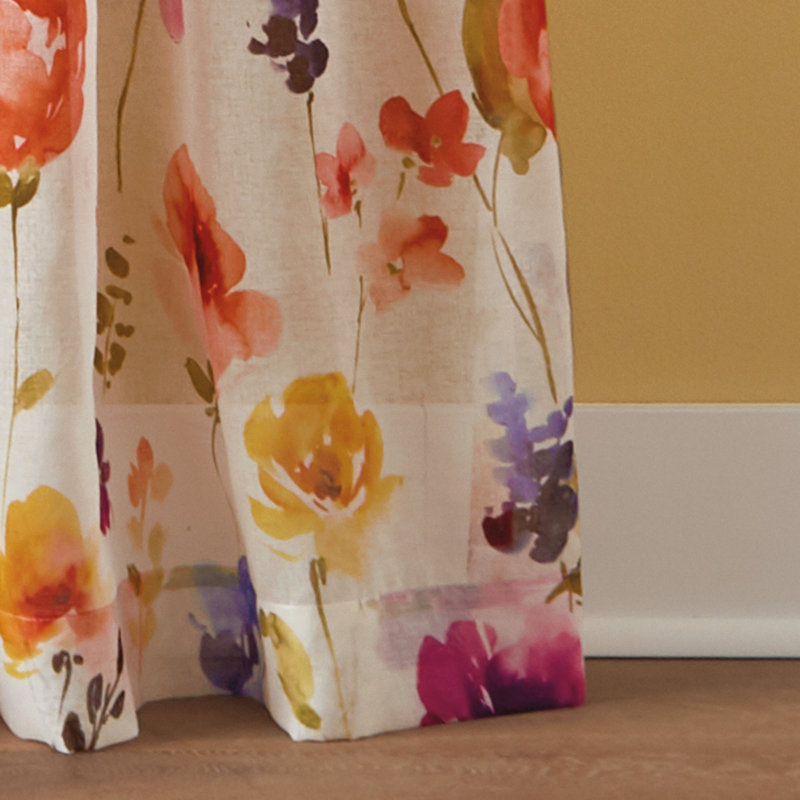 White Sheer Watercolor Floral Rod Pocket Curtain Panel, 50" x 63"