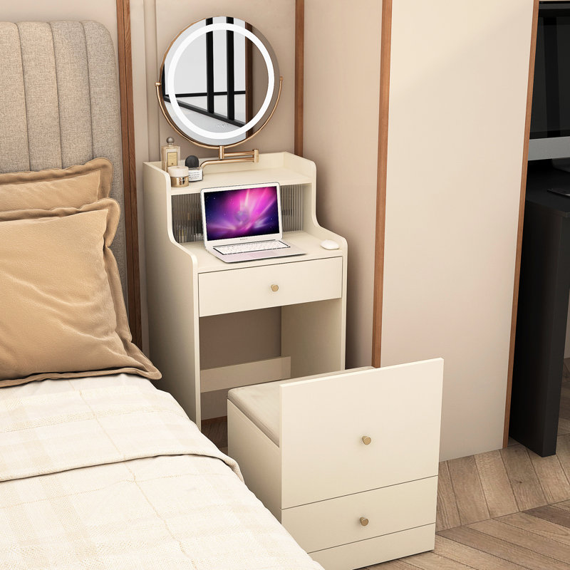 Meuble-lavabo 3 en 1 avec miroir éclairé - blanc, 2 tiroirs et rangement ouvert, fonction de chargement, tabouret rembourré, commode compacte, commode spacieuse à 2 places, table pour les espaces de maquillage