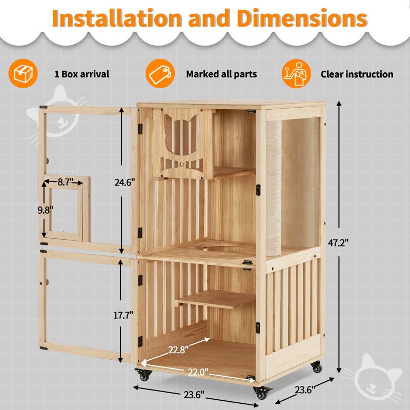 Villa pour chat 47 "en bois avec poteau à griffes et roues, cage pour chat avec porte de secours 47" Daquian