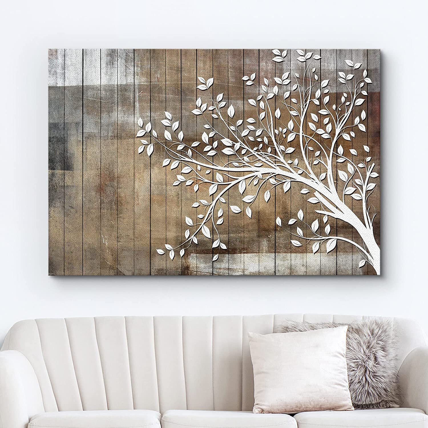 IDEA4WALL Large White Tree Branch With Leaves On Wood Effect Background Wall  Art On Canvas Print  Reviews Wayfair
