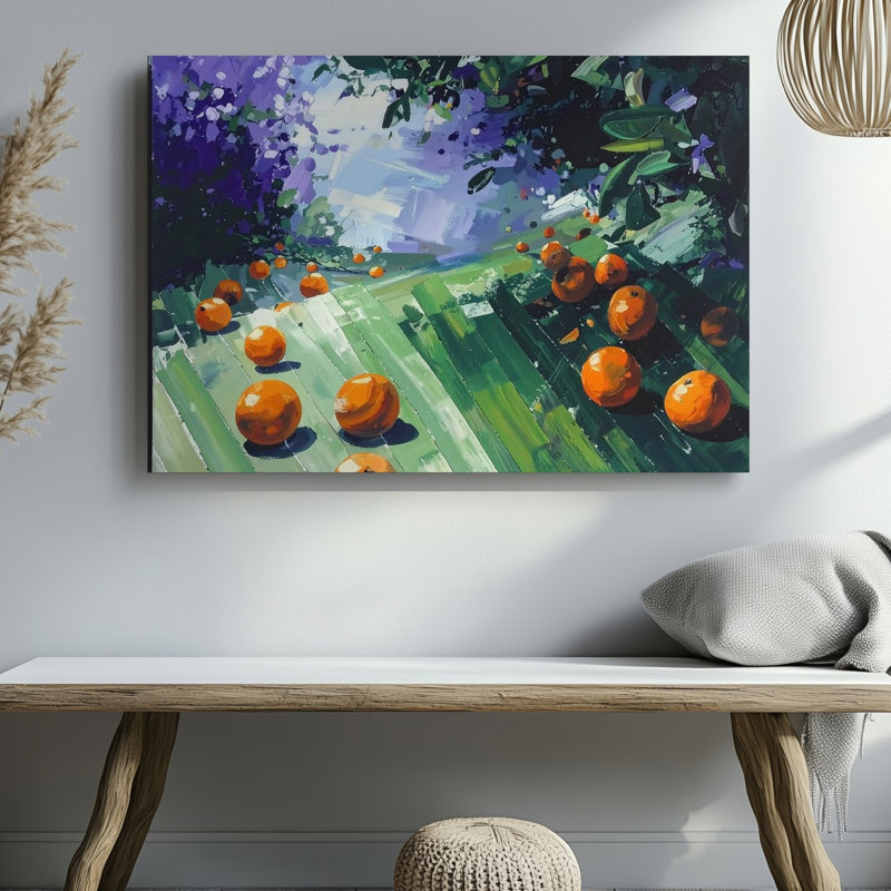 Toile vibrante, mandarine, danse, art abstrait à fruits et rayures, H 30 po x l 30 po