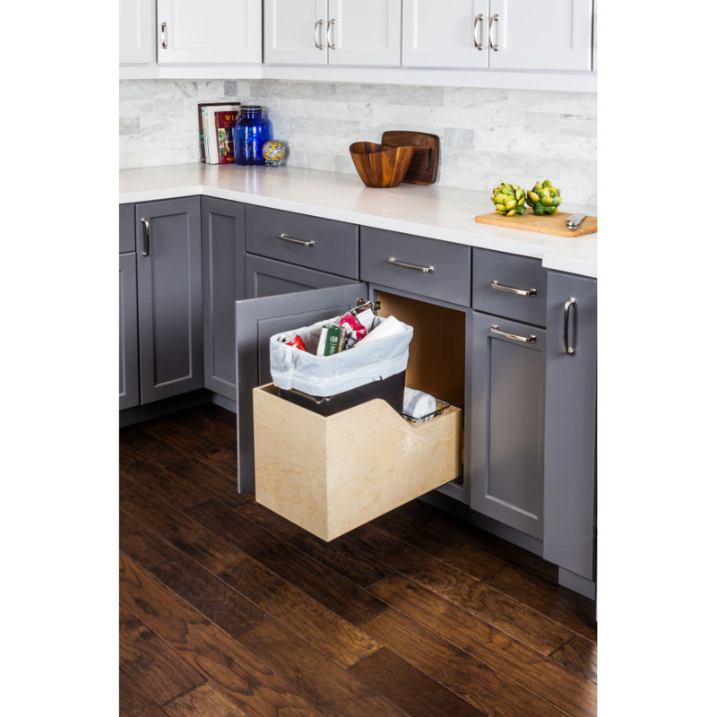 Preassembled 50 Quart Single Pullout Waste Container System, Black, 12.5, 23.75" H x 12" W x 21.375" D