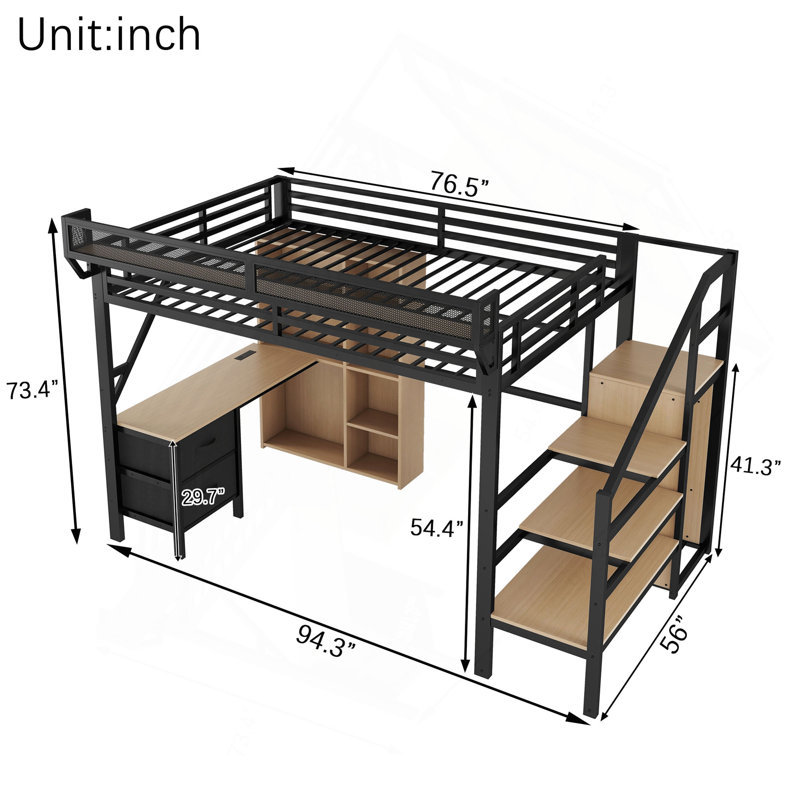 Lit mezzanine double avec bureau et station de recharge, 7 espaces de rangement ouverts et éclairage DEL, conçu pour les enfants et les adolescents (date d'arrivée prévue : 24/06/2026).
