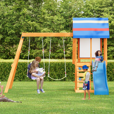 Wooden Outdoor Swing Set 3 in 1 Swing Set outdoor Children's Playset with Slide, 2 Swings and Climber for Garden, Backyard and Playground