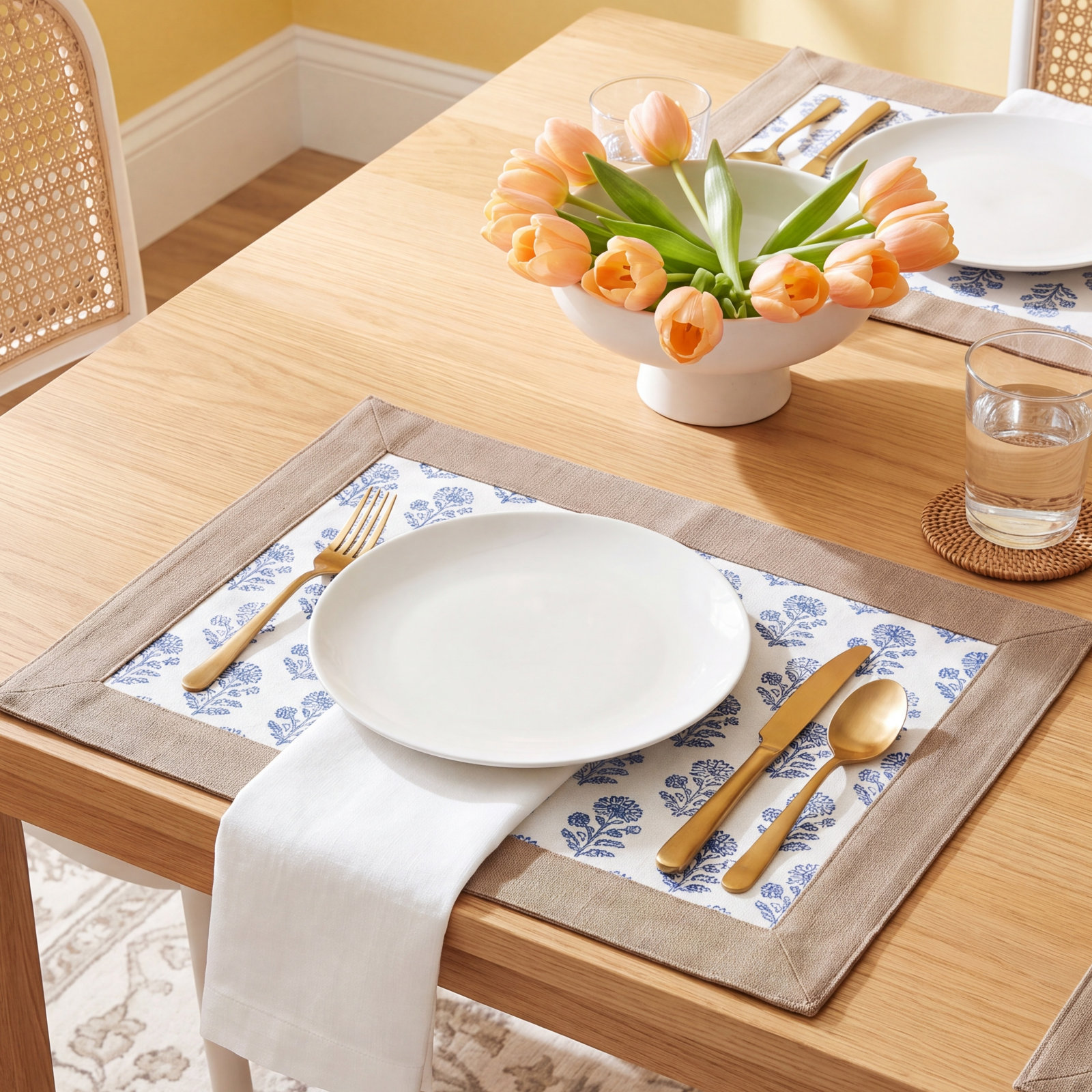 over&back Hand-Blocked Placemats, Set of 4, Blue Bloom