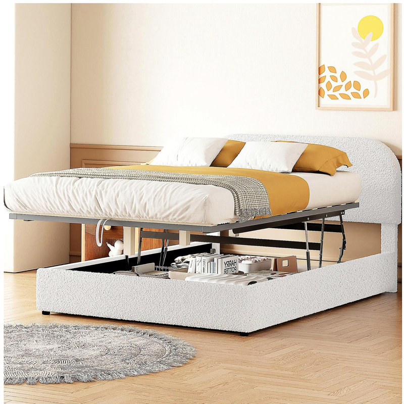 Lit plateforme en velours avec système de rangement hydraulique Teddy, Lit double, Blanc