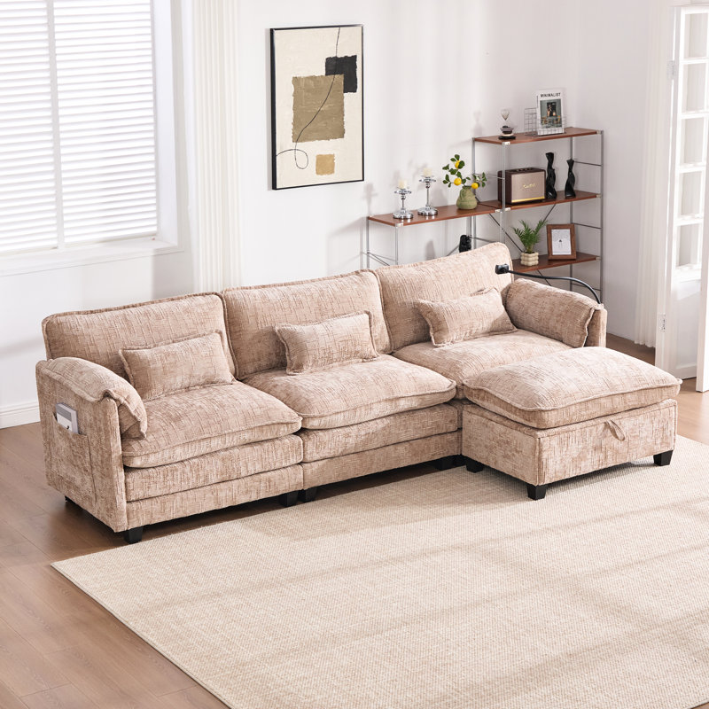 Chenille surdimensionnée en L de 112 po, canapé modulaire en nuage, canapé-lit modulaire confortable, rangement mobile, support pour téléphone, recharge, éponge haute densité, canapé en chenille en mousse à mémoire de forme