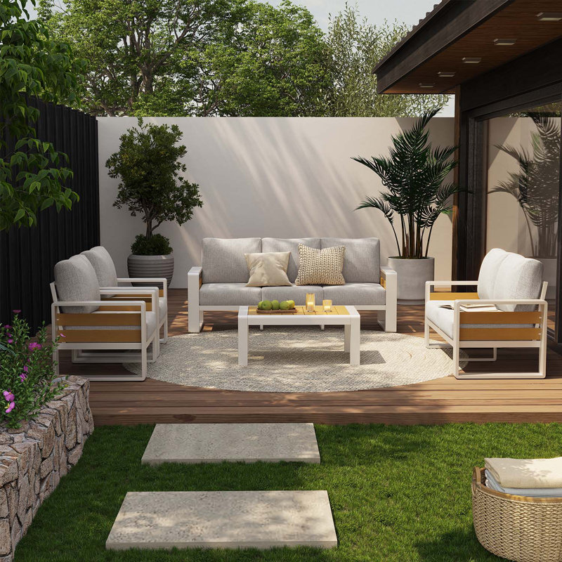 5-Piece Patio Outdoor Aluminum Furniture Set With Coffee Table & Thick Cushions, 5 Pcs: Table, Sofa, Loveseat, 2 Chairs, Gray