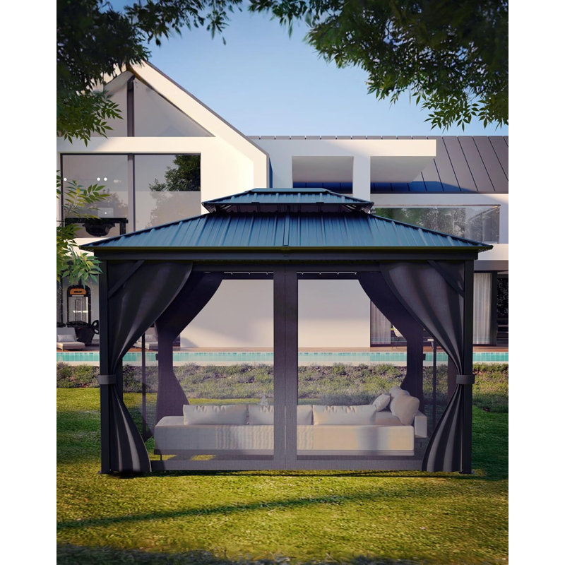 Hardtop Gazebo 12'x14' for All Weather, with Double Metal Roof, Aluminum Alloy Frame, Net, and Curtain, Permanent Building of Backyard Luxury for Patio, Deck, Backyard, Lawn, and Garden