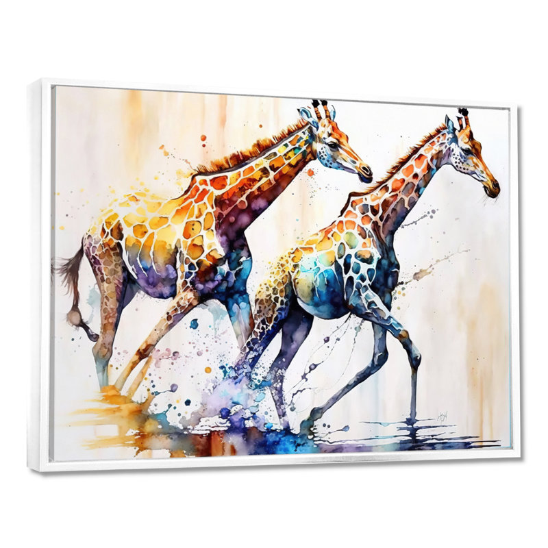 Girafes qui courent - Art sur toile girafe, H 30 po x l 40 po x P 1,5 po, White Floater Framed