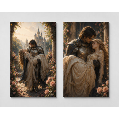 Grand ensemble de 2 reproductions d'art sur toile, princesse chevalier médiéval, impression romantique sur toile pour chambre à coucher, impression sur toile 16 x 24 pouces - prête à être accrochée