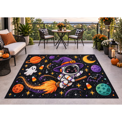 Tapis d'extérieur 152 x 213 cm (5' x 7') motif Halloween astronaute sorcière espace, épais, solide et imperméable, en PVC bouclé, tapis de patio résistant, séchage rapide, tapis intérieur/extérieur pour entrée