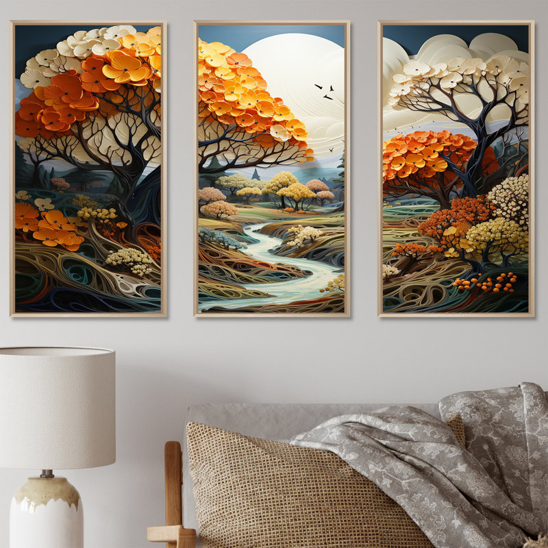 «Trees Charm In Summer Charm» - ensemble d'art mural arbre, Cadre naturel flottant, H 32 po x l 48 po x P 1 po