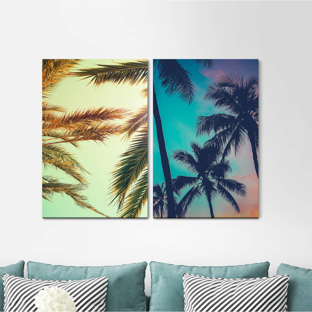 2-tlg. Leinwandbilder-Set - Grafikdruck „Palm Trees Paradise South Sea Summer Beach Caribbean Sky”