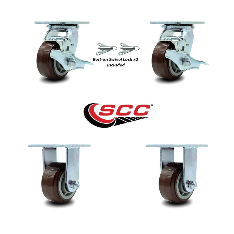 4 Piece Polyurethane Caster Set with 2 Brakes/Swivel Lock 2 Rigid