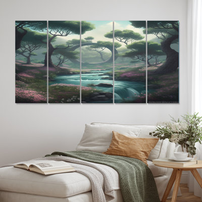 «Blossoming Sacred Forest River», reproduction d'art mural Christianisme - 5 panneaux égaux