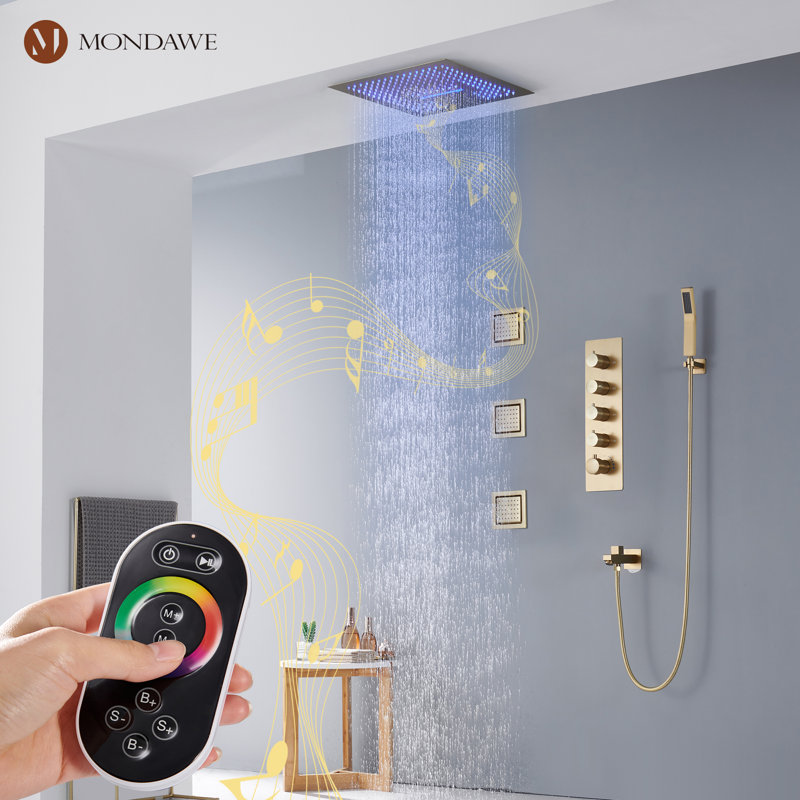 Système de douche 4 fonctions AquaRhapsody avec lumière DEL 64 couleurs, musique Bluetooth et jets corporels, Or brossé