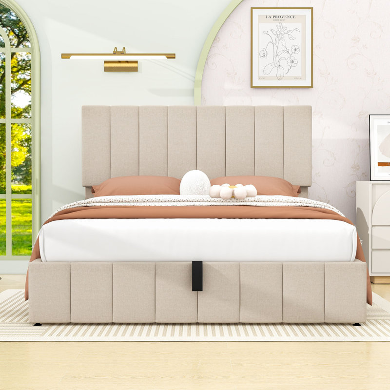 Lit plateforme tapissier avec système de rangement hydraulique et tête de lit, Beige, Grand lit