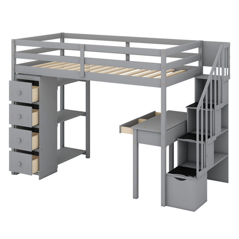 Lit mezzanine avec tiroirs de rangement, bureau et escalier, tablettes