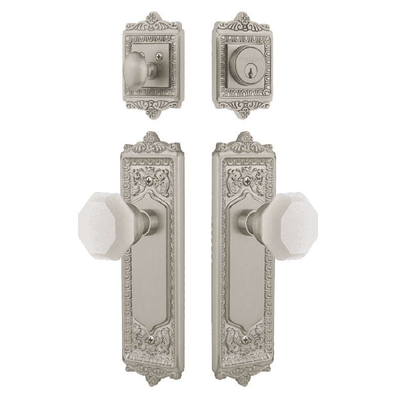 Nostalgic Warehouse Egg & Dart Entry Set with White Waldorf Crystal Knob, 2.75, Satin Nickel