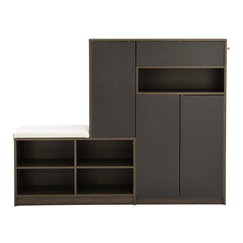 Banc à chaussures polyvalent avec rangement, gris, tablettes réglables, support de siège confortable, coussins et tablettes pour l'espace de vie