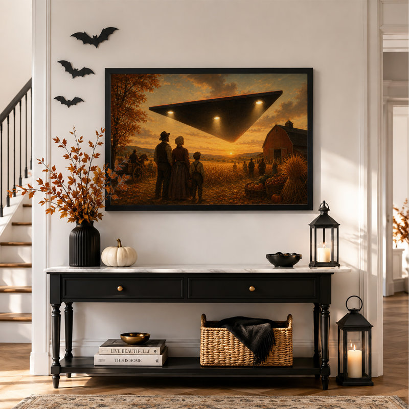 Les agriculteurs observent un OVNI triangulaire au-dessus d'une grange à l'occasion de l'Halloween (tableau sur toile)