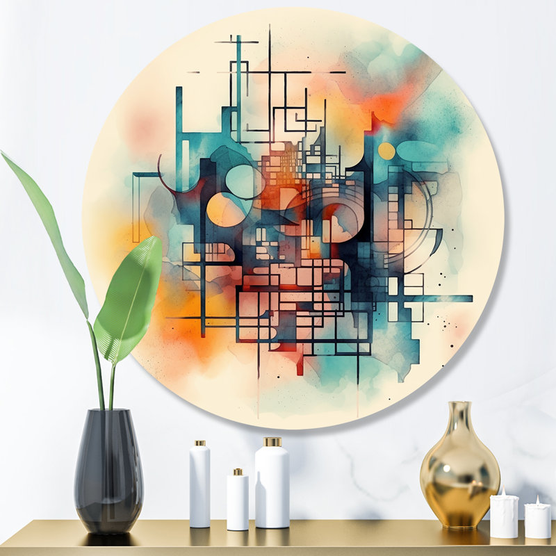 Orange orange, labyrinthe abstrait II - art mural rond abstrait géométrique sur métal, H 16 po x l 16 po x P 1 po